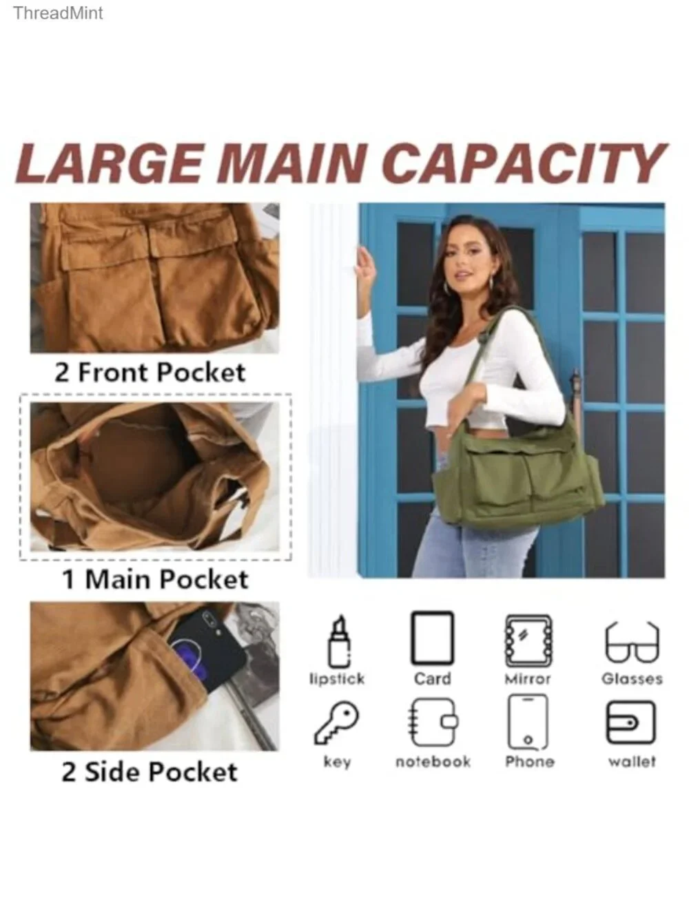 Canvas Messenger Bag Large Hobo Bag Crossbody Shoulder Tote with Pockets for